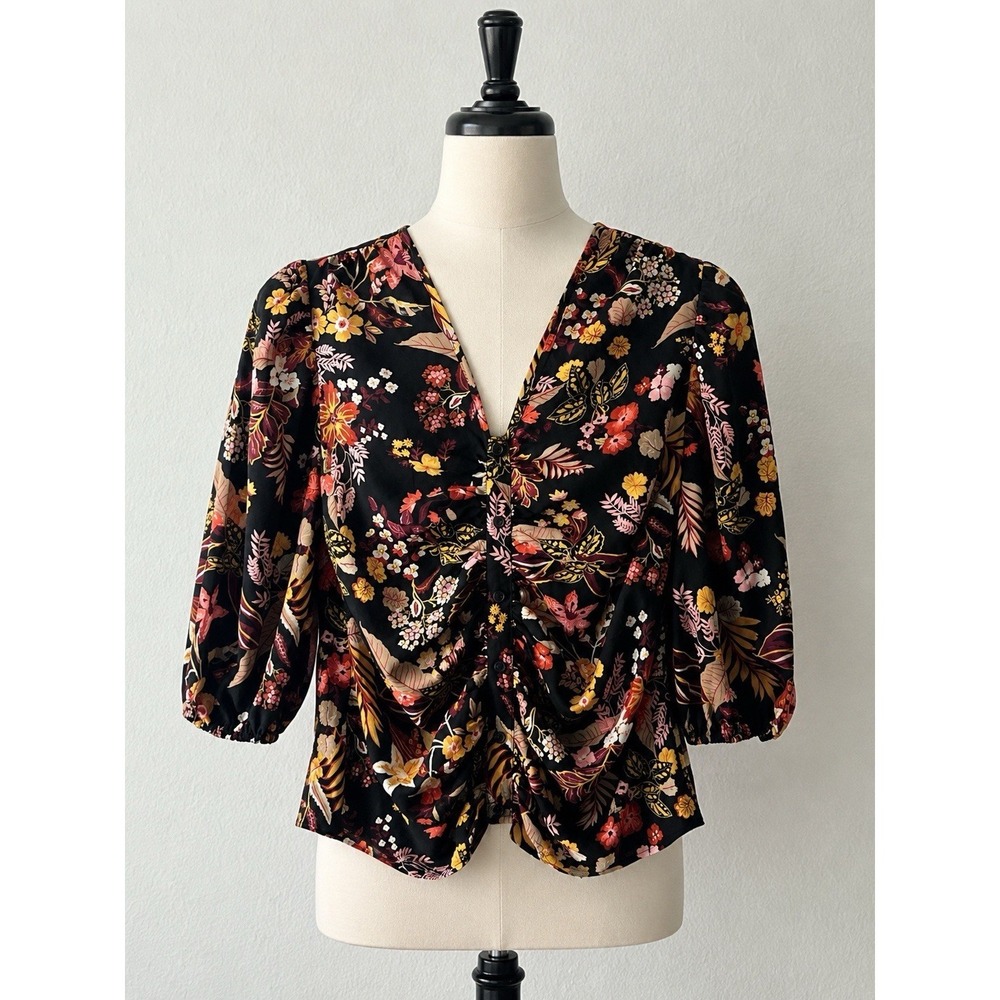 A Love‎ Story Women's Rouched Floral V Neck Puff Sleeve Size Medium